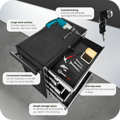 Tool Box - with wheels, 5 drawers, central locking system - tool box, tool box on wheels, tool cabinet - black