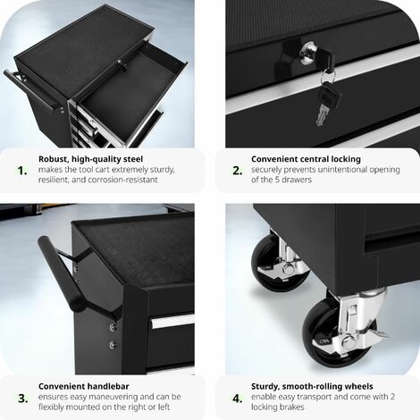 Tool Box - with wheels, 5 drawers, central locking system - tool box, tool box on wheels, tool cabinet - black