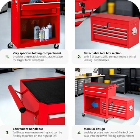 Tool Chest - 8 drawers, 4 wheels, multiple layouts, lockable - tool box, tool box on wheels, tool cabinet - red