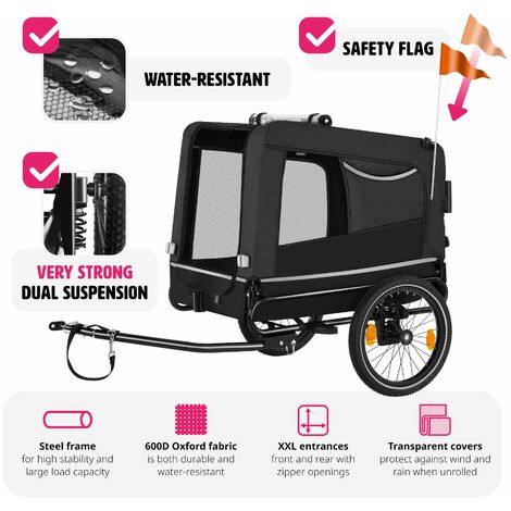 Dog Bike Trailer - multifunctional, foldable, including reflectors, leash and flag - bike carriers for dogs, dog bicycle trailer, doggo bike trailer - black