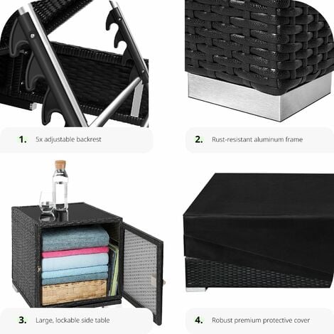 Sun Lounger Set - 2 polyrattan beds with adjustable backrest, side table, protective cover - reclining sun lounger, garden lounge chair, sun chair - black