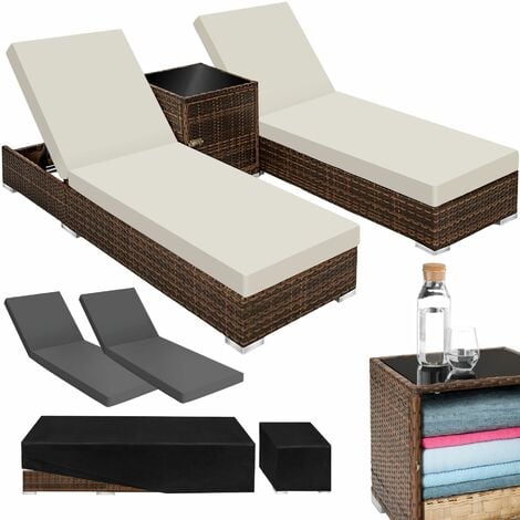 2 sunloungers + table with protective cover rattan aluminium - reclining sun lounger, garden lounge chair, sun chair - brown