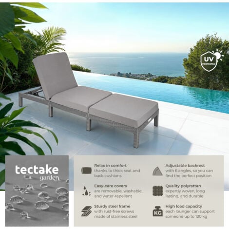 Sun Lounger Sofia - 6-step adjustable backrest, thick padding, UV-resistant - reclining sun lounger, garden lounge chair, sun chair - grey