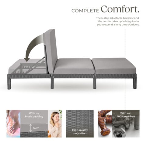 Sun Lounger Sofia - 6-step adjustable backrest, thick padding, UV-resistant - reclining sun lounger, garden lounge chair, sun chair - grey