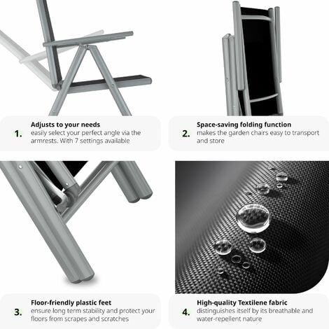 Garden Chairs Set of 4 - foldable, aluminium, 7-position adjustable backrest - reclining garden chairs, garden recliners, outdoor chairs - silver