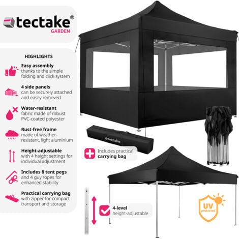 Gazebo Olivia - pop-up, 3 x 3 m, with aluminium frame, 4 side panels, waterproof - garden gazebo, gazebo with sides, camping gazebo - black