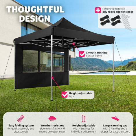 Gazebo Olivia - pop-up, 3 x 3 m, with aluminium frame, 4 side panels, waterproof - garden gazebo, gazebo with sides, camping gazebo - black
