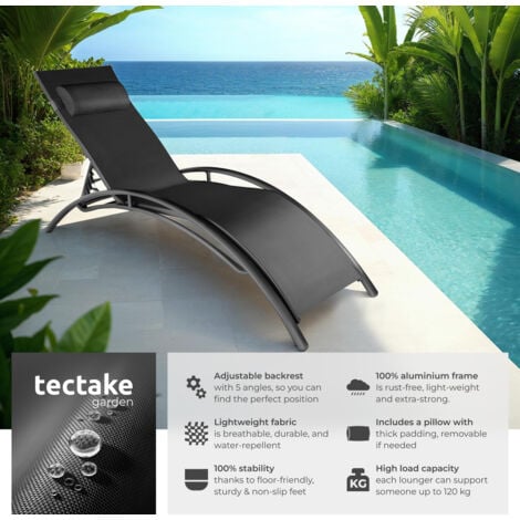 Sun Lounger Set of 2 Alina - 5-step backrest, head cushion, aluminium frame - garden lounger, reclining sun lounger, garden sun lounger - black