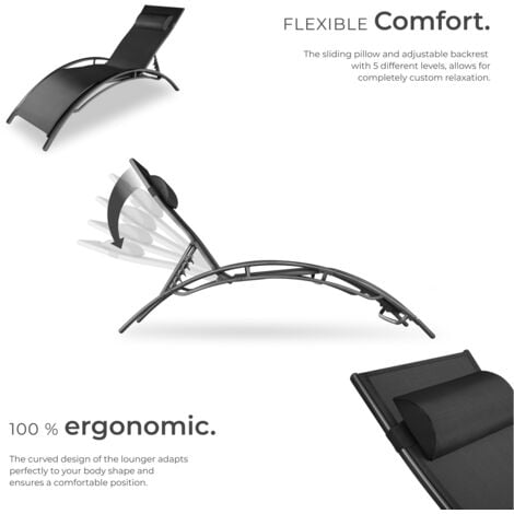 Sun Lounger Set of 2 Alina - 5-step backrest, head cushion, aluminium frame - garden lounger, reclining sun lounger, garden sun lounger - black