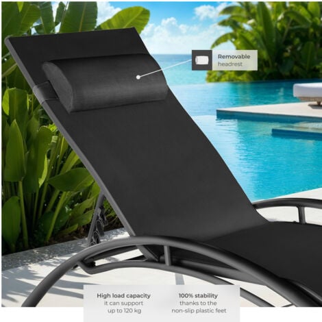 Sun Lounger Set of 2 Alina - 5-step backrest, head cushion, aluminium frame - garden lounger, reclining sun lounger, garden sun lounger - black