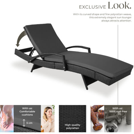 Sun Lounger Oceane - with aluminum frame, 5-step adjustable backrest, UV-resistant - reclining sun lounger, garden lounge chair, sun chair - black