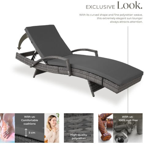 Sun Lounger Oceane - with aluminum frame, 5-step adjustable backrest, UV-resistant - reclining sun lounger, garden lounge chair, sun chair - grey