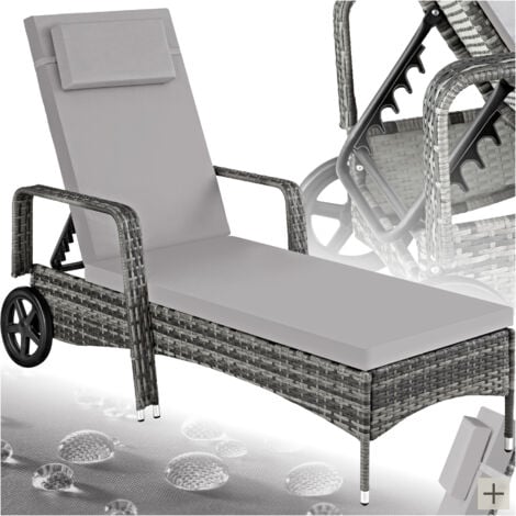 Sun Lounger - 6-position backrest, weather & UV-resistant, soft pillow, two wheels - reclining sun lounger, garden lounge chair, sun chair - grey/light grey