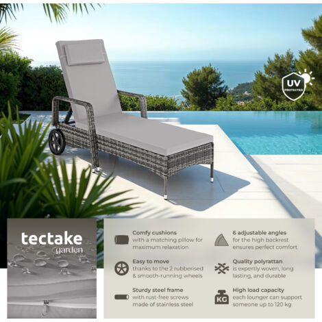 Sun Lounger - 6-position backrest, weather & UV-resistant, soft pillow, two wheels - reclining sun lounger, garden lounge chair, sun chair - grey/light grey