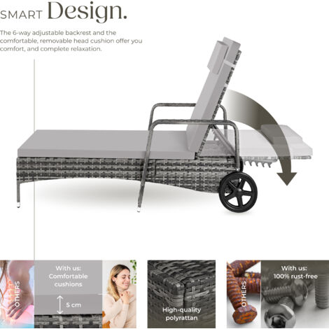 Sun Lounger - 6-position backrest, weather & UV-resistant, soft pillow, two wheels - reclining sun lounger, garden lounge chair, sun chair - grey/light grey