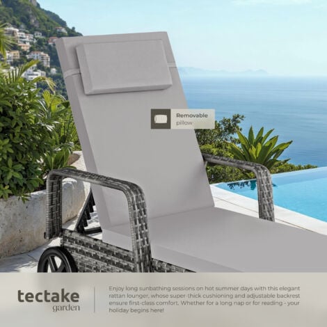 Sun Lounger - 6-position backrest, weather & UV-resistant, soft pillow, two wheels - reclining sun lounger, garden lounge chair, sun chair - grey/light grey