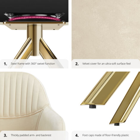 Armchair Lona - upholstered, fully rotatable, high backrest - Swivel chair, Office chair, Dining chair - cream/gold per piece