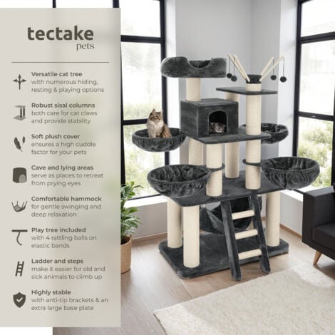 Cat Tree Gismo - 195 cm tall, sisal cat scratching posts, toy balls & anti-tip - cat scratching post, cat house, cat tower - grey/white
