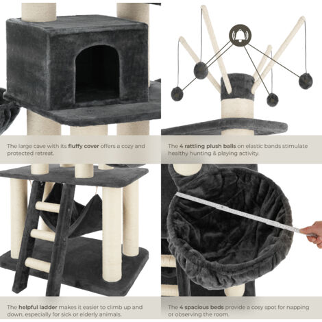 Cat Tree Gismo - 195 cm tall, sisal cat scratching posts, toy balls & anti-tip - cat scratching post, cat house, cat tower - grey/white