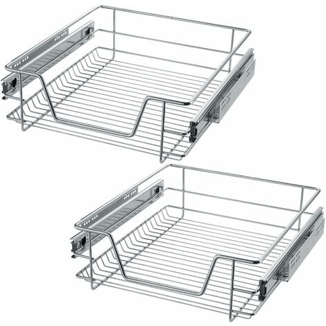 2 Sliding wire baskets with drawer slides - sliding wire basket, drawer slides, kitchen drawer runners - 47 cm - grey