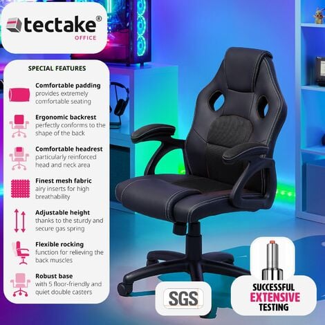 Gaming Chair Mike - ergonomic shape, thick padding, stepless height adjustment - office chair, computer chair, ergonomic chair - black