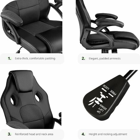 Gaming Chair Mike - ergonomic shape, thick padding, stepless height adjustment - office chair, computer chair, ergonomic chair - black