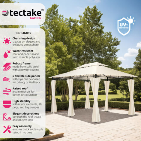 Gazebo Emine - 4 x 3 m, double roof system, 6 side panels, water-repellent, UV protection - garden gazebo, gazebo with sides, camping gazebo - cream