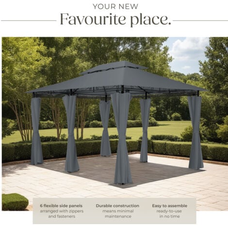 Gazebo Emine - 4 x 3 m, double roof system, 6 side panels, water-repellent - garden gazebo, gazebo with sides, camping gazebo - anthracite