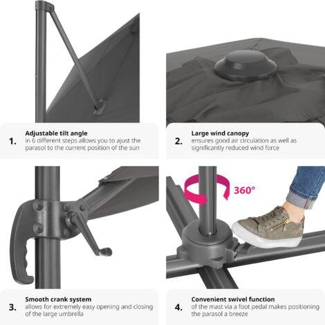 Parasol Daria - 300 cm, cantilever garden umbrella, with foot pedal, protective cover - garden parasol, overhanging parasol, banana parasol - grey