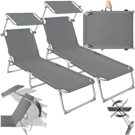 Sun Lounger Set of 2 - foldable, adjustable sunshade and 4-step backrest - reclining sun lounger, sun chair, foldable sun lounger - grey