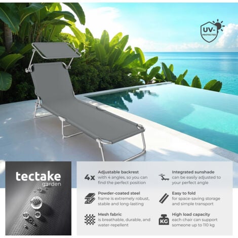 Sun Lounger Set of 2 - foldable, adjustable sunshade and 4-step backrest - reclining sun lounger, sun chair, foldable sun lounger - grey