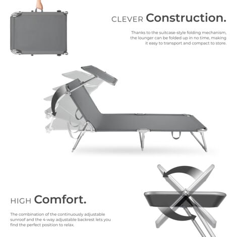 Sun Lounger Set of 2 - foldable, adjustable sunshade and 4-step backrest - reclining sun lounger, sun chair, foldable sun lounger - grey