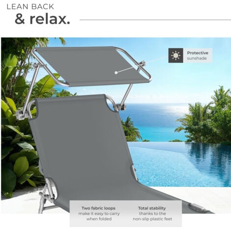 Sun Lounger Set of 2 - foldable, adjustable sunshade and 4-step backrest - reclining sun lounger, sun chair, foldable sun lounger - grey