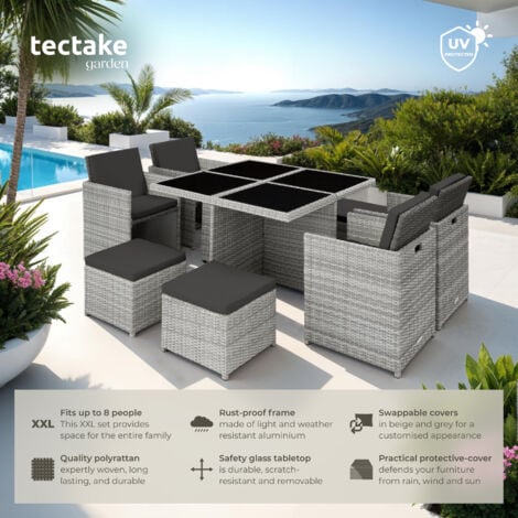 Garden Table & Chairs Manhattan - 8 seats with cushions, dining table, rain cover - garden tables and chairs, garden furniture set, outdoor table and chairs - light grey