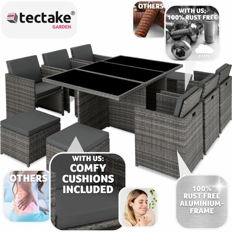 Garden Table and Chairs New York - 10 seats with cushions, dining table, protective cover - garden tables and chairs, garden furniture set, outdoor table and chairs - grey