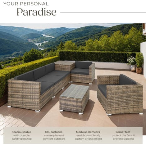 Garden Furniture Set Pisa - modular sofa, armchair, coffee table, cushion storage box - garden sofa, garden corner sofa, rattan sofa - nature