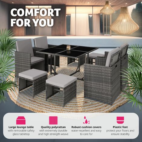 Garden Table and Chairs Bilbao - 8 seats with cushions, dining table, protective cover - garden tables and chairs, garden furniture set, outdoor table and chairs - grey