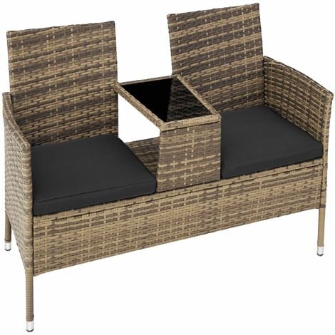 Garden Bench With Table Poly Rattan Love Seat Patio Set Nature Garden Bench With Table Poly Rattan, Outdoor Bench Seating With Table