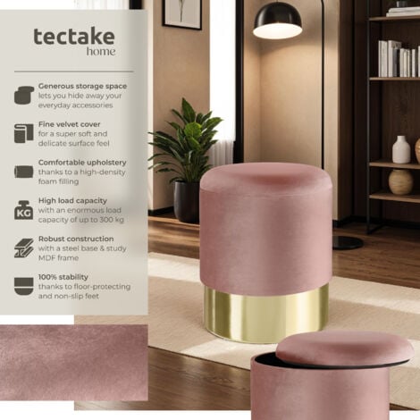 Stool Sarina - round, padded, velvet look, large storage space - bar stool, dressing table chair, dressing table stool - rose