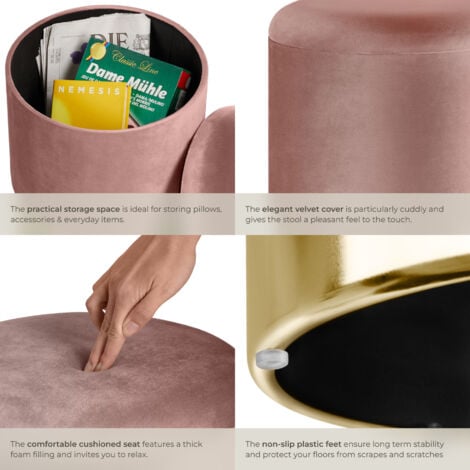 Stool Sarina - round, padded, velvet look, large storage space - bar stool, dressing table chair, dressing table stool - rose