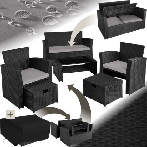 Garden Furniture Set Modena- sofa with storage, armchairs, stools, coffee table - garden sofa, garden sofa set, rattan sofa - black/grey