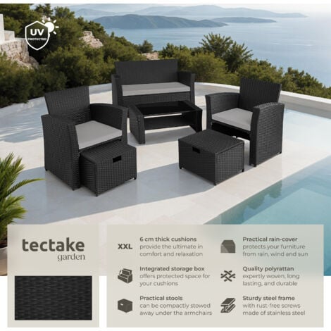 Garden Furniture Set Modena- sofa with storage, armchairs, stools, coffee table - garden sofa, garden sofa set, rattan sofa - black/grey