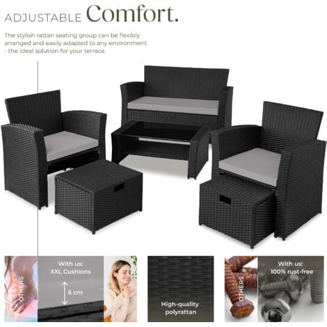Garden Furniture Set Modena- sofa with storage, armchairs, stools, coffee table - garden sofa, garden sofa set, rattan sofa - black/grey