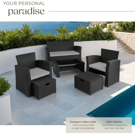 Garden Furniture Set Modena- sofa with storage, armchairs, stools, coffee table - garden sofa, garden sofa set, rattan sofa - black/grey