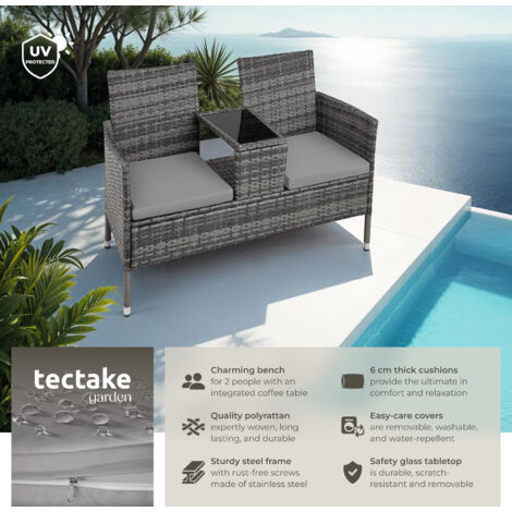 Garden Bench Narbonne - 2-seater with table, weather-resistant polyrattan - love seat, patio set, garden set - grey/light grey