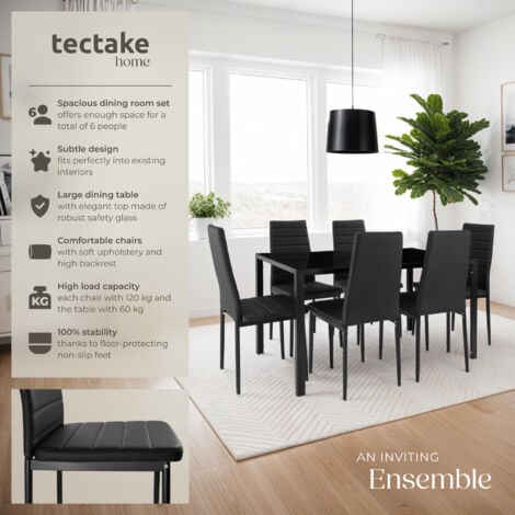 Dining Table and Chairs Brandenburg - 6 chairs & 1 table, faux leather cover - dining room table and chairs, dining table and 6 chairs, kitchen table and chairs - black/black