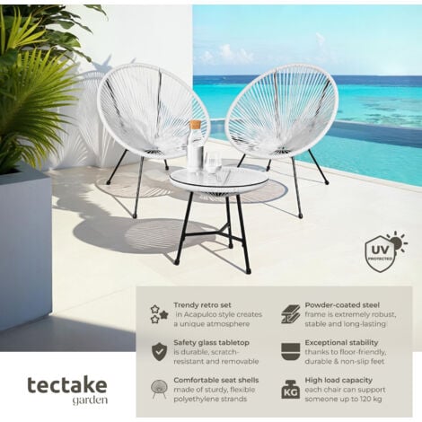 Garden Table and Chairs Santana - retro Acapulco design, weather-resistant, & safety glass tabletop - round table and chairs, glass table and chairs, table and 2 chairs - white