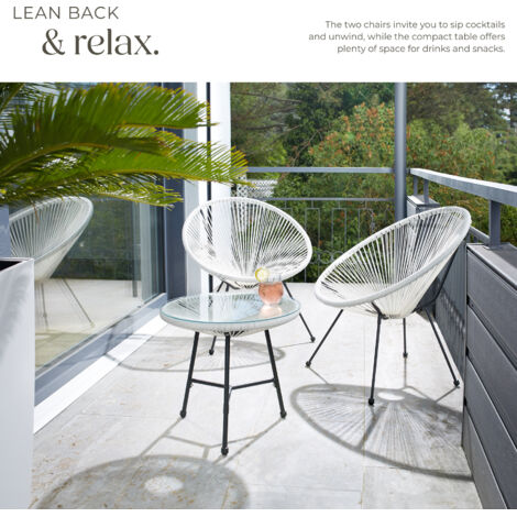 Garden Table and Chairs Santana - retro Acapulco design, weather-resistant, & safety glass tabletop - round table and chairs, glass table and chairs, table and 2 chairs - white