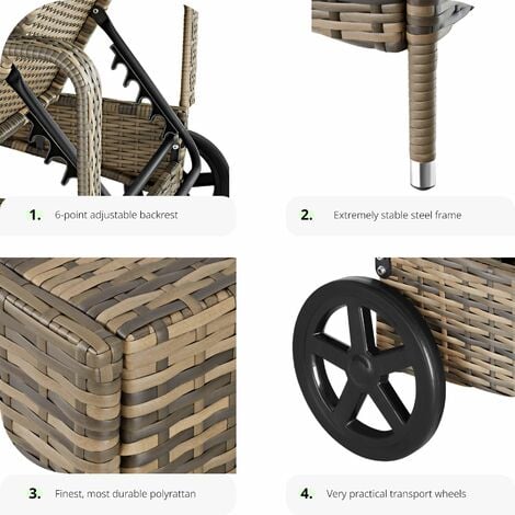Sun Lounger - resilient poly-rattan, 6-way adjustable backrest, removable pillow, with wheels - reclining sun lounger, garden lounge chair, sun chair - nature/dark grey