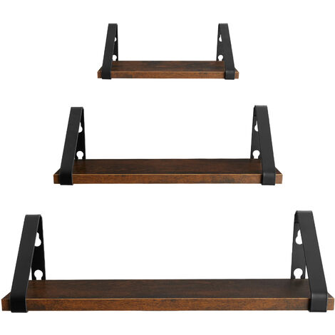 Wall Shelves Cowell - set of 3, decorative metal brackets, high load-capacity, 3 widths included - Wooden Shelf, Wall Bookshelf, Rustic Shelves - Industrial wood dark, rustic